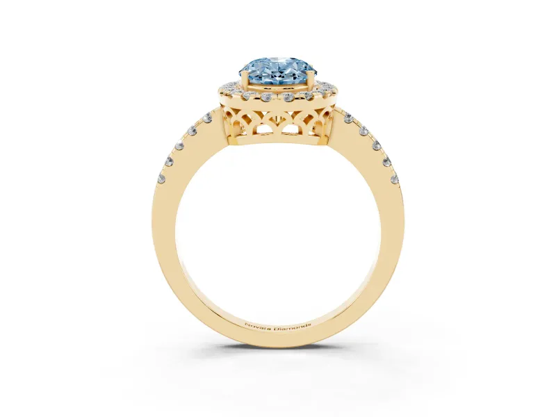 Oval Halo Engagement Ring Setting for a Fancy Blue Lab-Grown Diamond | Pavé Band | Yellow Gold
