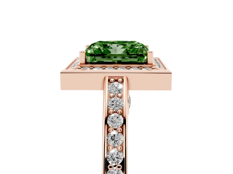 Fancy Green Princess Cut Diamond Halo Pavé Split Shank Ring Set in Rose gold with Prong Setting