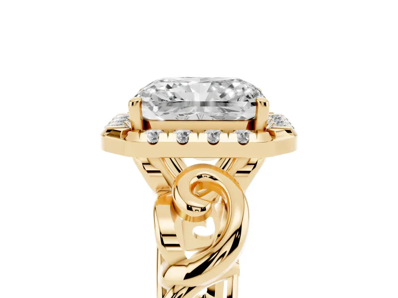 Radiant Cut Vintage Filigree Halo Engagement Ring Setting | Scroll Shoulders | Yellow Gold