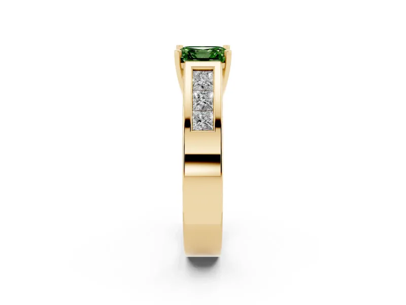 Fancy Green Asscher Cut Diamond Solitaire Ring Set in Yellow gold with Channel-Set Accent Stones and Prong Setting