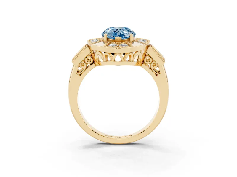 Fancy Blue Pear Cut Diamond Milgrain Halo Ring Set in Yellow gold with Split Shank