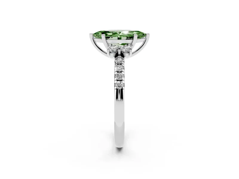 Fancy Green Marquise Cut Diamond Three-Stone Pavé Ring Set in Platinum with Prong Setting