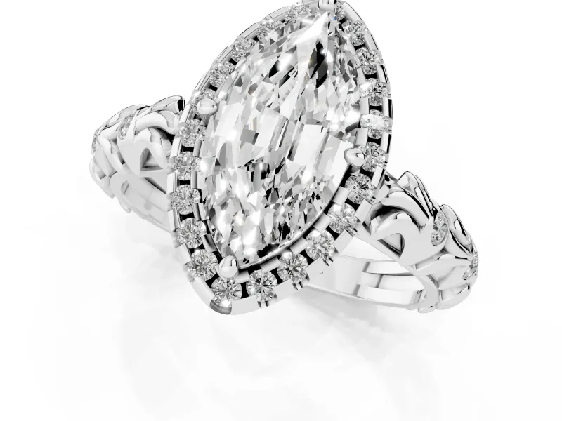 Marquise Filigree Leaf Halo Engagement Ring Setting | Bezel Leaf Accents | Sterling Silver