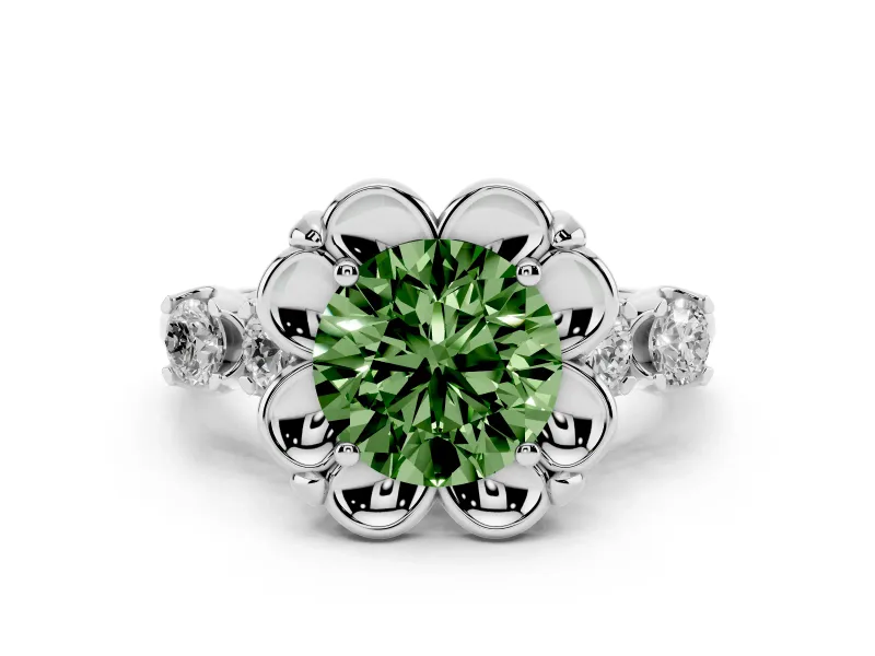 Fancy Green Round Cut Diamond Floral Halo Ring Set in Silver with Shared Prong Band