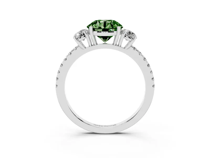 Fancy Green Round Cut Diamond Three-Stone Ring Set in White gold with Pavé Band and Graduated Sides