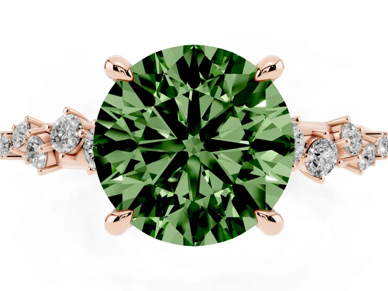 Fancy Green Round Cut Diamond Solitaire Vine Band Ring Set in Rose gold with Round Accents and Prong Setting