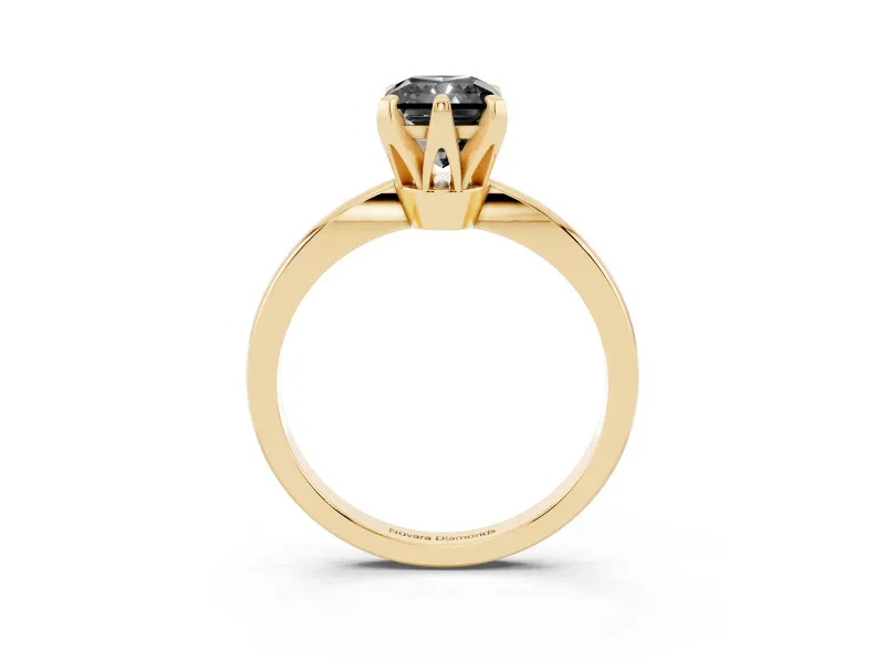 Fancy Black Radiant Cut Diamond Solitaire Engagement Ring Set in Yellow gold with Slim Tapered Solitaire Band