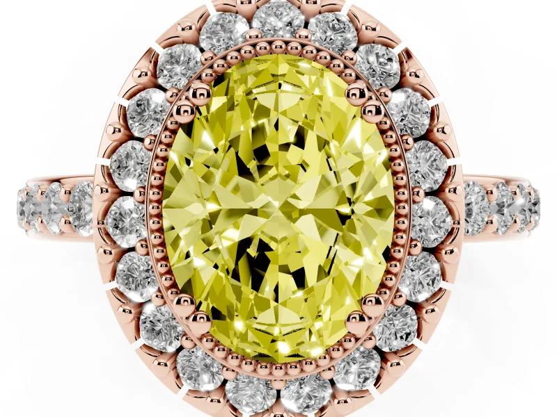 Fancy Yellow Oval Cut Diamond Halo Ring Set in Rose gold with Pavé Shank and Prong Setting