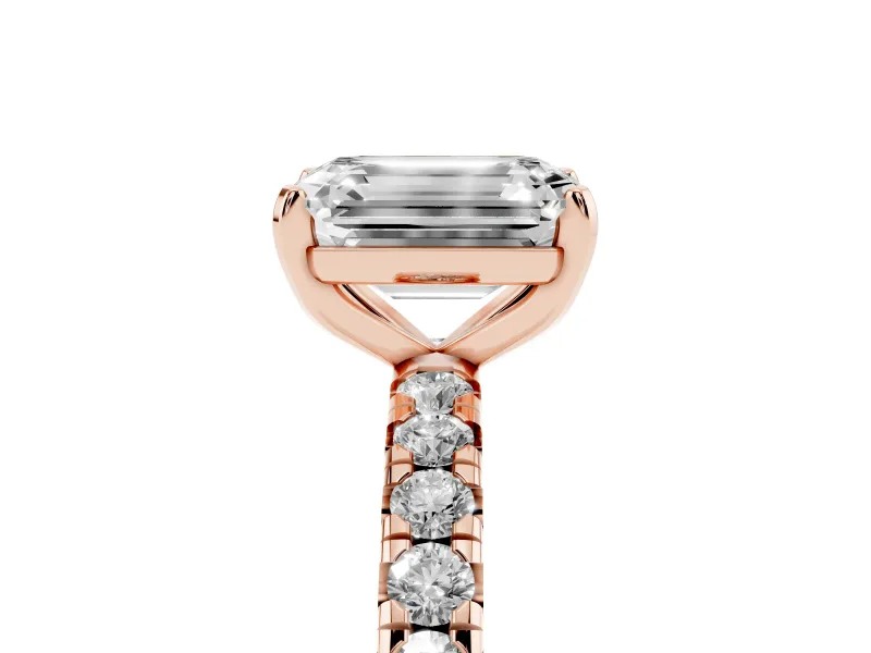 Emerald Cut Diamond Pavé Solitaire Ring Set in Rose gold with Round Band and Prong Setting