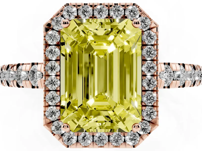Fancy Yellow Emerald Cut Diamond Halo Ring Set in Rose gold with Delicate Pavé Band and Prong Setting