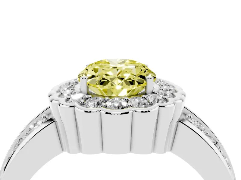 Fancy Yellow Oval Cut Diamond Scalloped Halo Ring Set in Silver with Pavé Split Shank