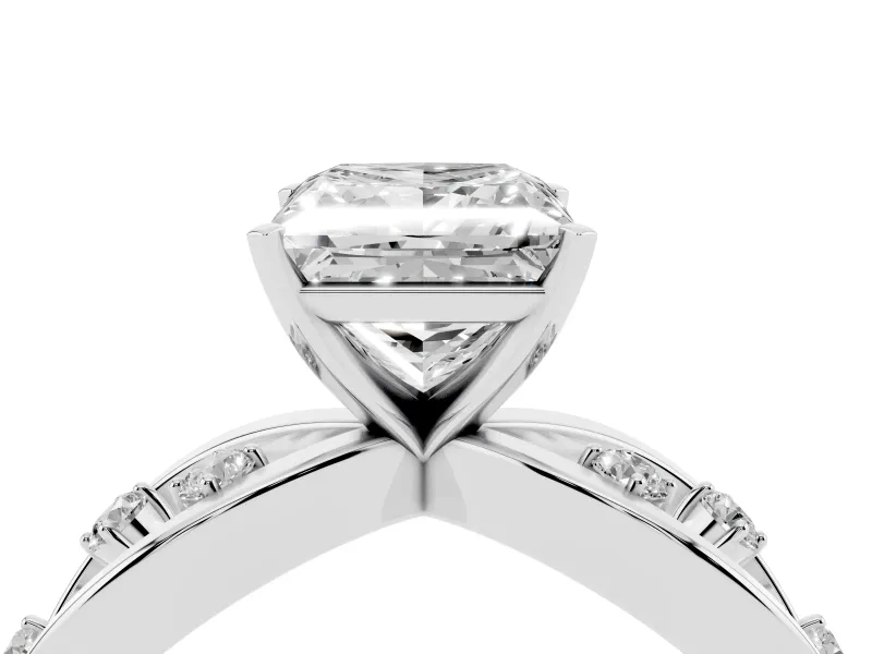 Princess Cut Diamond Solitaire Ring Set in Silver with Side Stones on Criss-Cross Band and Prong Setting