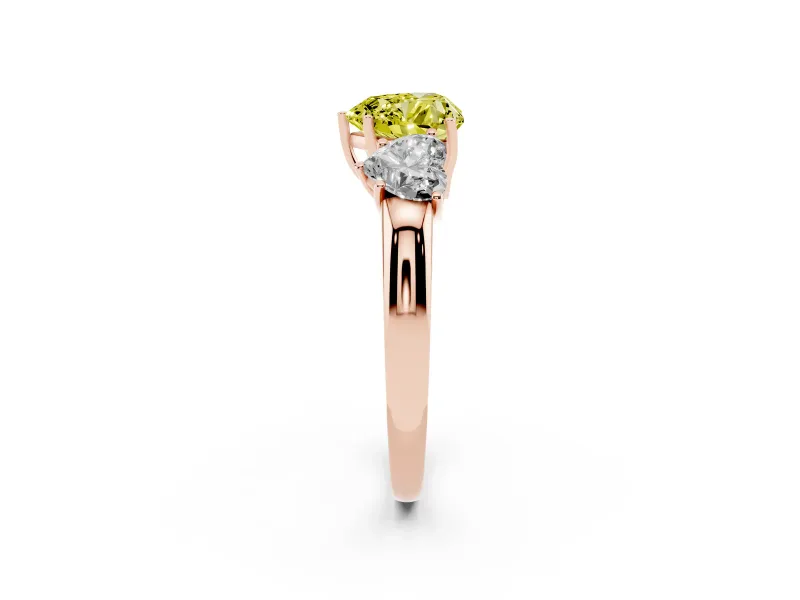 Fancy Yellow Heart Cut Diamond Three-Stone Ring Set in Rose gold with Bold Center and Classic Band