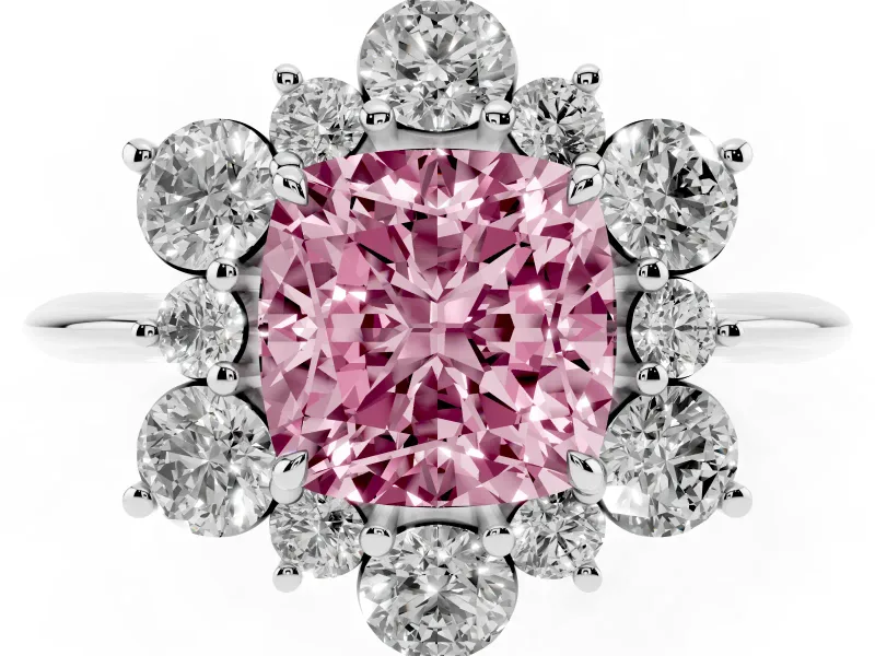 Cushion Cut Cluster Halo Engagement Ring Setting for a Fancy Pink Lab-Grown Diamond | Two-Size Accents | Sterling Silver
