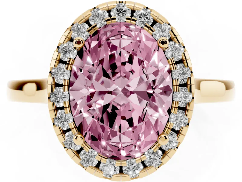 Fancy Pink Oval Cut Halo Round Diamond Solitaire Ring Set in Yellow gold with Pavé Band and Prong Setting