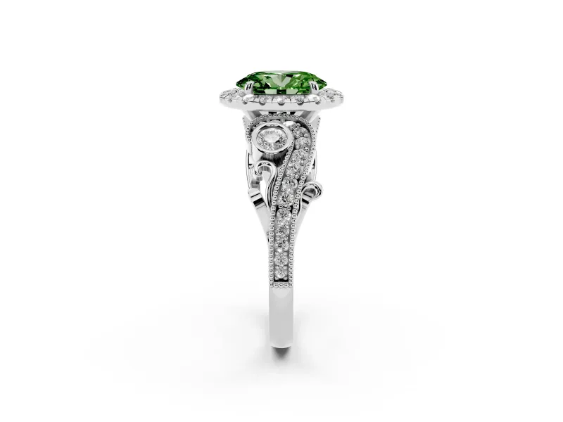 Fancy Green Oval Cut Diamond Halo Ring Set in Silver with Milgrain Pavé Band and Prong Setting