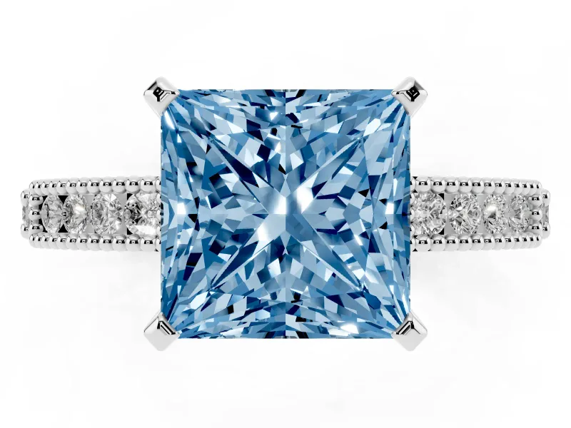 Fancy Blue Princess Cut Diamond Solitaire Ring Set in Silver with Slim Pavé Band and Prong Setting