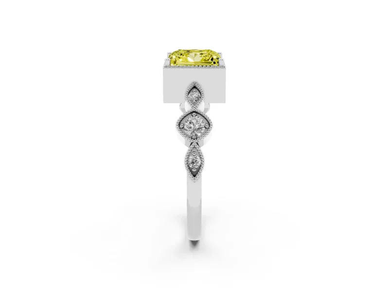 Fancy Yellow Princess Cut Diamond Vintage-Inspired Milgrain Ring Set in Silver with Marquise Stations of Round Accents