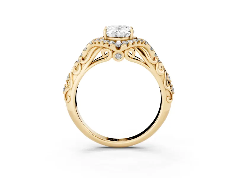 Oval Hidden Halo Filigree Engagement Ring Setting | Pavé Shoulders | Yellow Gold
