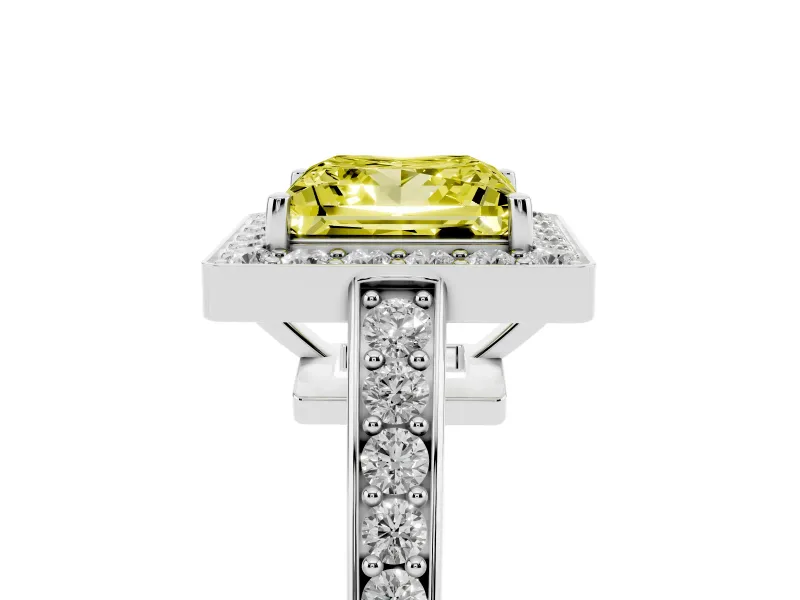 Fancy Yellow Princess Cut Diamond Halo Pavé Engagement Ring Set in White gold with Bezel Setting