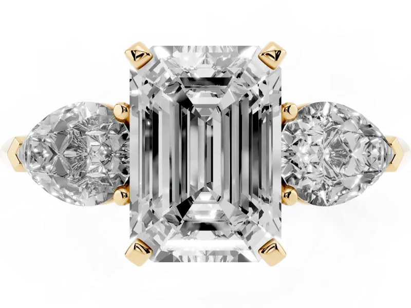 Emerald Cut Three-Stone Engagement Ring Setting | Pear Side Stones | Yellow Gold