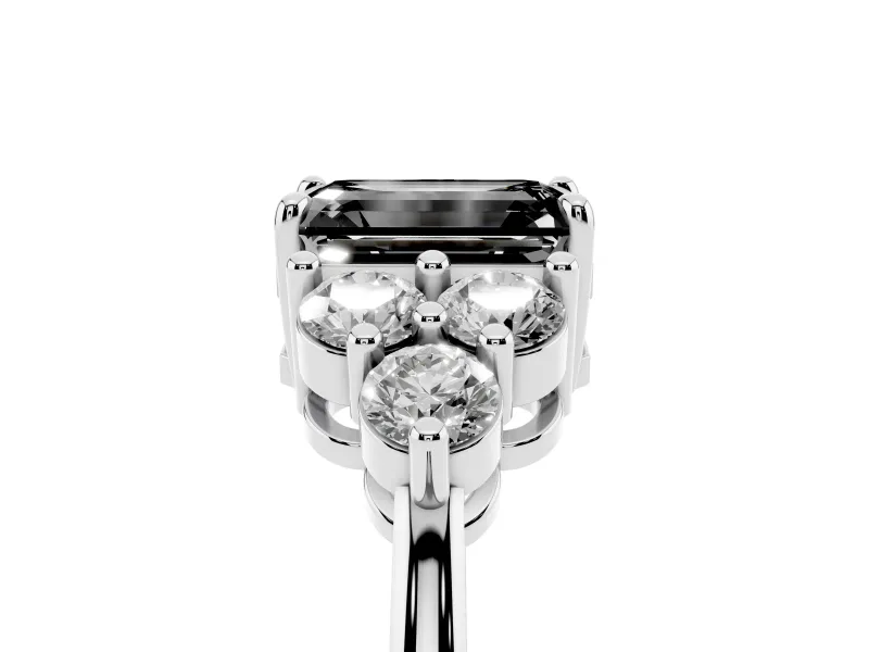 Fancy Black Emerald Cut Diamond Solitaire Ring Set in Platinum with Cluster Accents on Each Side