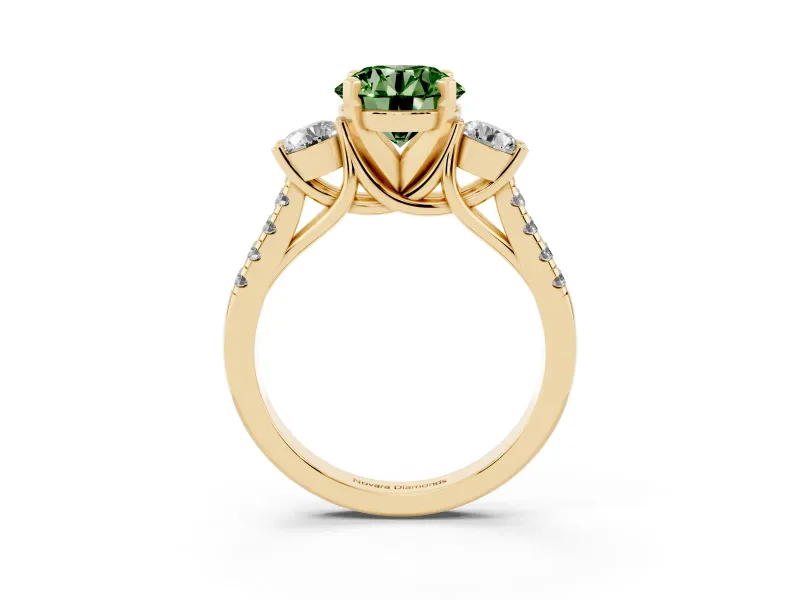 Fancy Green Three-Stone Round Cut Diamond Pavé Band Ring Set in Yellow gold with Prong-Set Trio