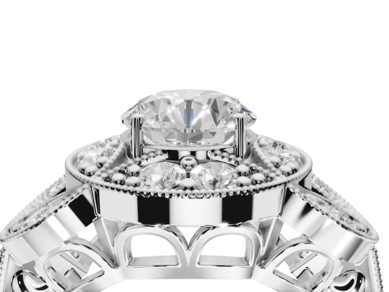 Round Vintage Floral Halo Engagement Ring Setting | Engraved Milgrain Band | Sterling Silver