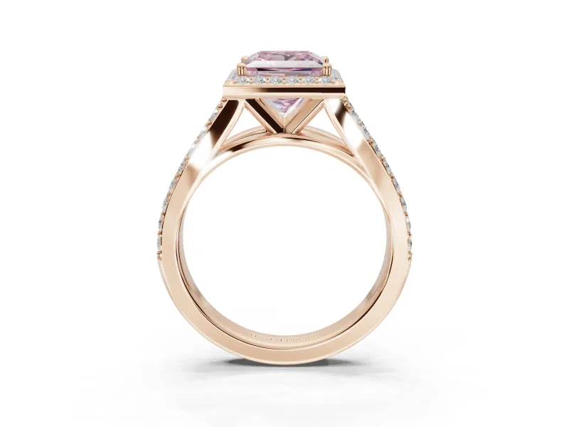 Princess Cut Halo Pavé Engagement Ring Setting for a Fancy Pink Lab-Grown Diamond | Narrow Split Shank | Rose Gold