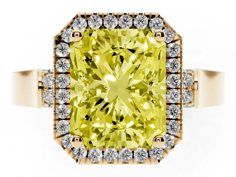 Radiant Cut Halo Engagement Ring Setting for a Fancy Yellow Lab-Grown Diamond | Pavé Panel Shoulders | Yellow Gold
