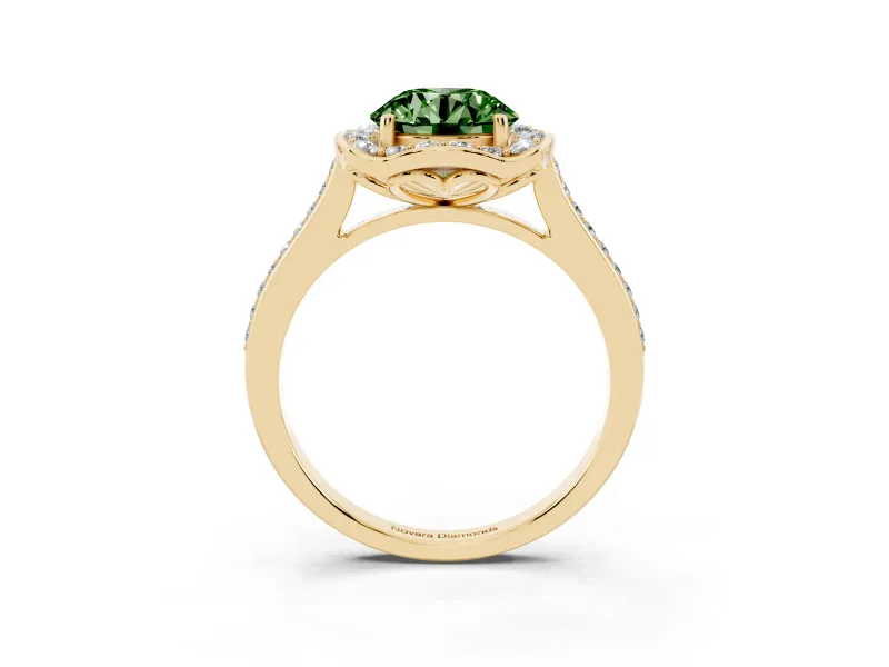 Round Halo Engagement Ring Setting for a Fancy Green Lab-Grown Diamond | Petal Tips | Yellow Gold