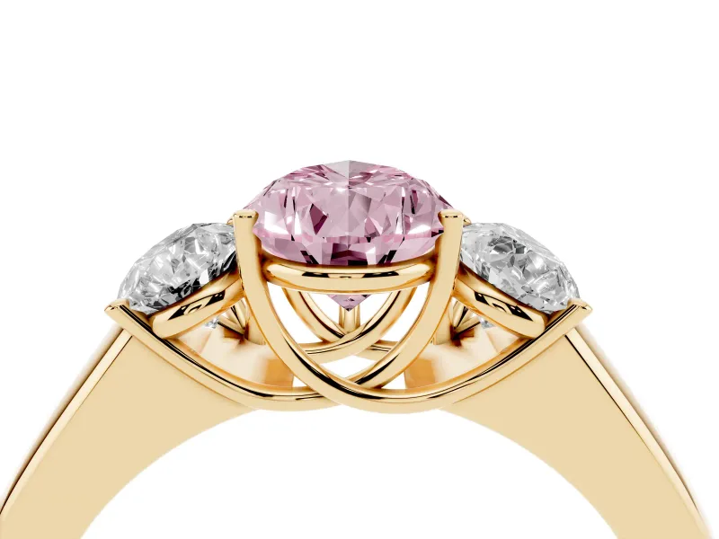 Fancy Pink Three-Stone Pear Cut Diamond Ring Set in Yellow gold with Matching Prong Settings and Plain Band