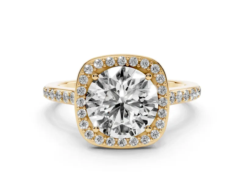 Round Cut Diamond Halo Engagement Ring Set in Yellow gold with Round Pavé Shoulders and Heart Gallery