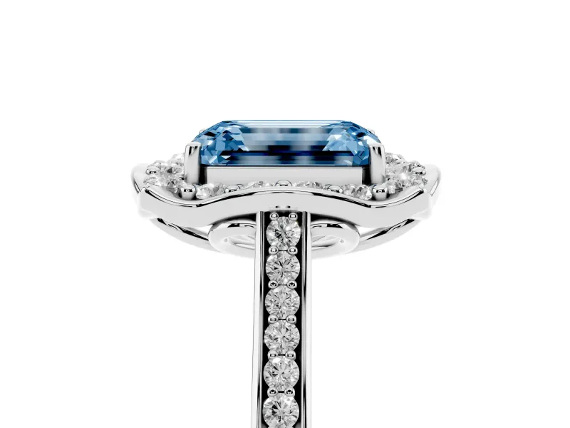 Emerald Cut Petal Tip Halo Engagement Ring Setting for a Fancy Blue Lab-Grown Diamond | Pavé Band | Sterling Silver