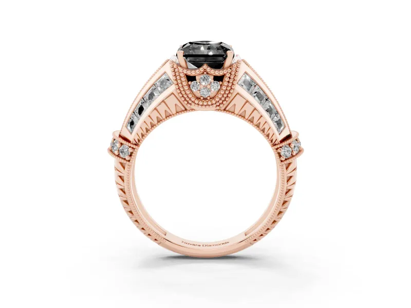 Fancy Black Radiant Cut Diamond Vintage-Inspired Milgrain Ring Set in Rose gold with Accent Split Shank
