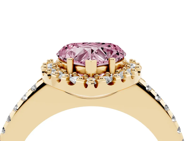 Heart-Shaped Pave Halo Engagement Ring Setting for a Fancy Pink Lab-Grown Diamond | Pave Band | Yellow Gold
