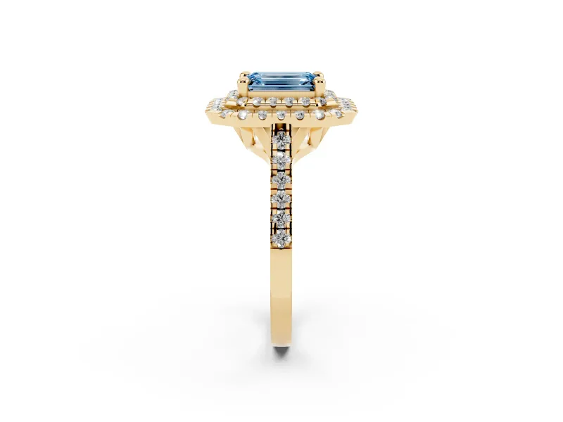 Fancy Blue Emerald Cut Diamond Double Halo Statement Ring Set in Yellow gold with Pavé Band