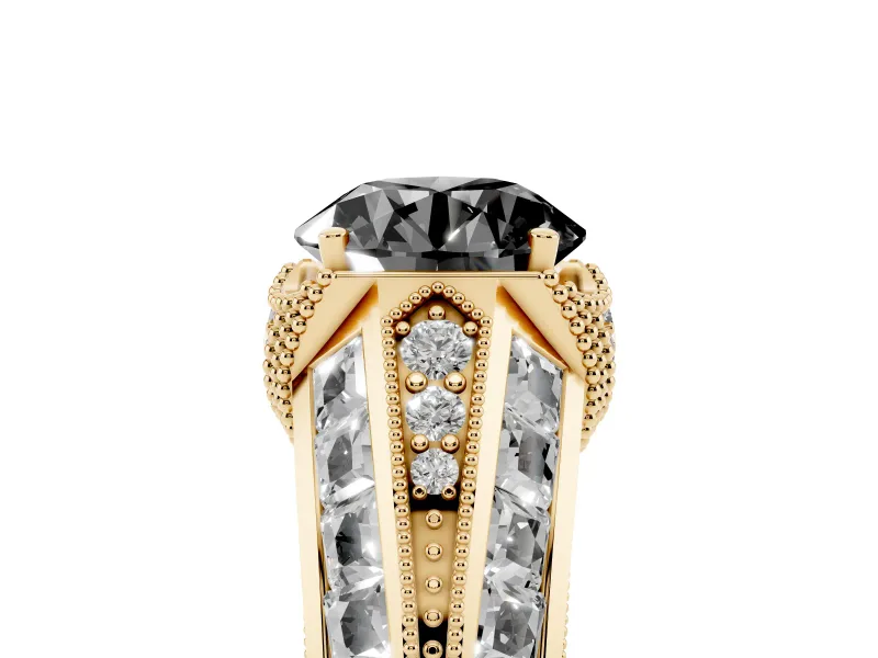 Round Vintage Milgrain Engagement Ring Setting for a Black Center | Hidden Halo | Yellow Gold