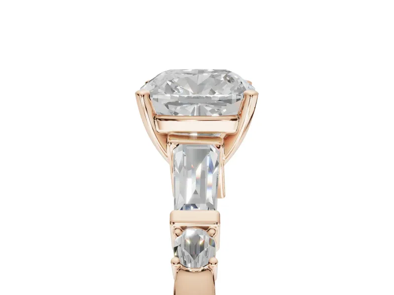 Cushion Cut Tapered Baguette Engagement Ring Setting | Bar Set Sides | Rose Gold