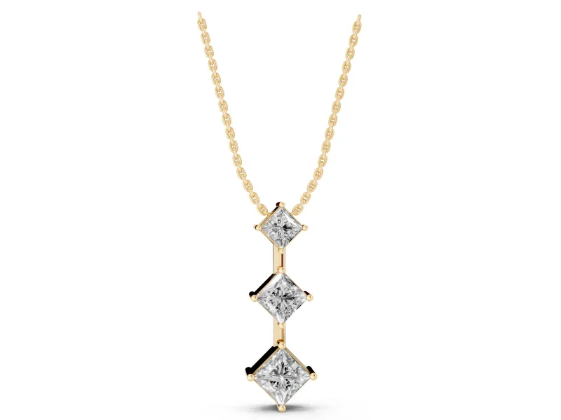 Princess Cut Lab-Grown Diamond Three-Stone Pendant Necklace | Set on Point | Yellow Gold