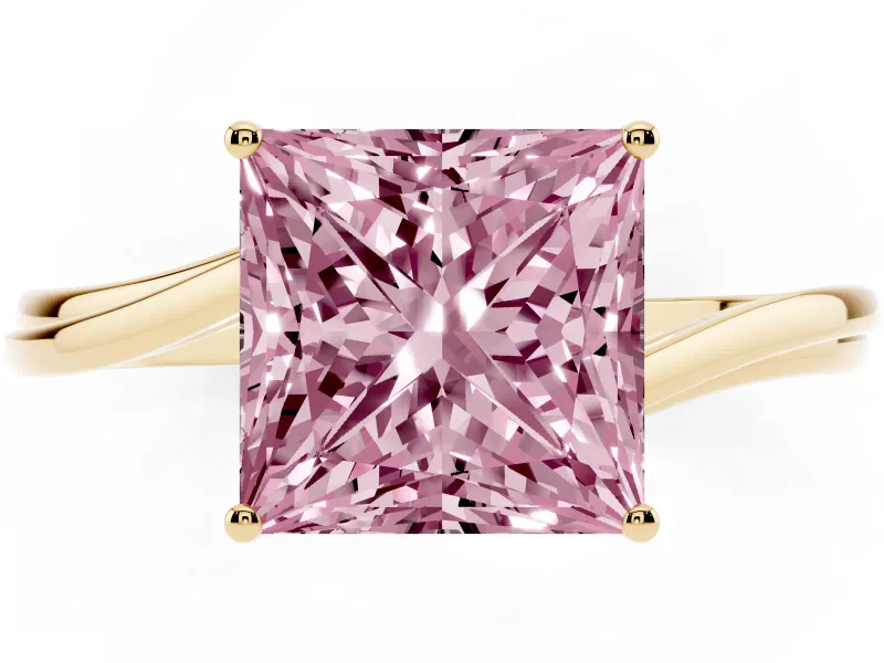 Fancy Pink Princess Cut Diamond Solitaire Twist Band Ring Set in Yellow gold with Prong Setting