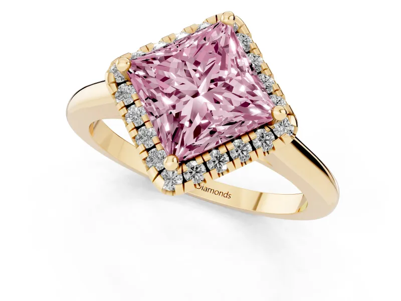 Princess Cut Halo Engagement Ring Setting for a Fancy Pink Lab-Grown Diamond | Plain Polished Band | Yellow Gold