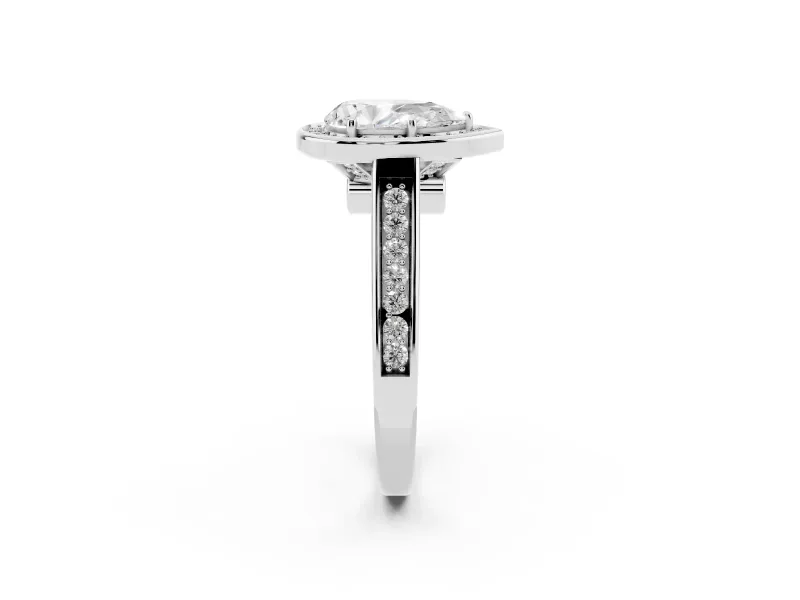 Pear Cut Diamond Halo Solitaire Ring Set in Platinum with Pavé Band and Bezel Setting