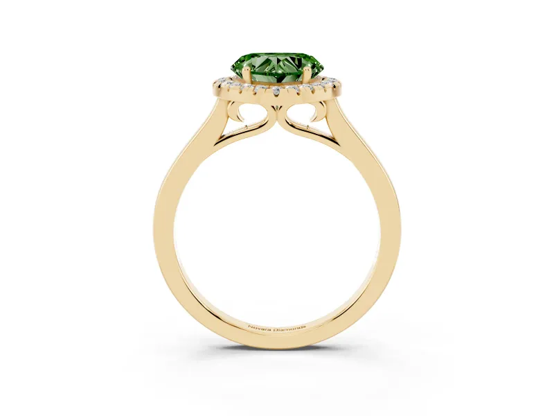 Fancy Green Heart Cut Halo Round Diamond Solitaire Ring Set in Yellow gold with Pavé Band and Prong Setting
