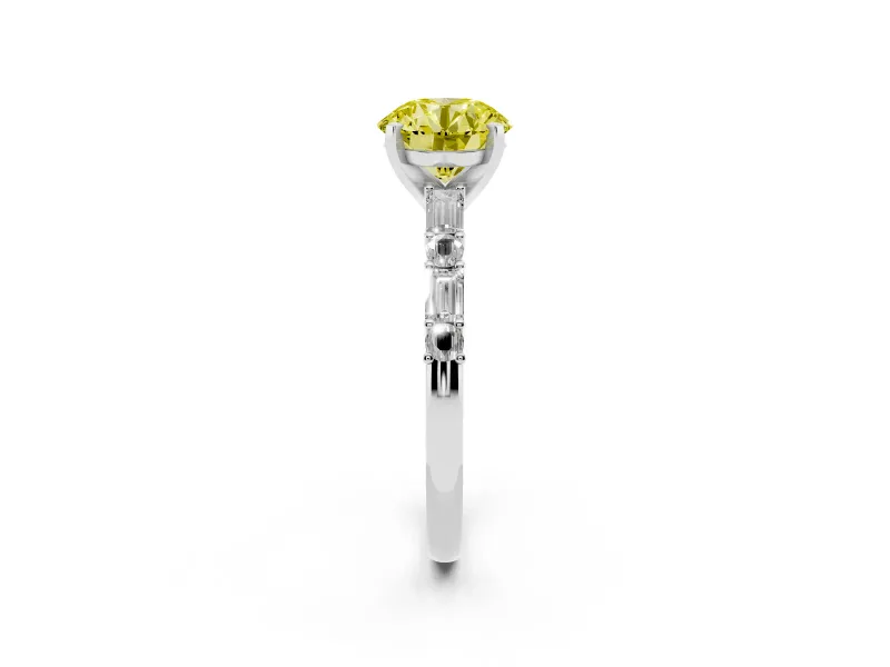 Fancy Yellow Round Cut Diamond Solitaire Set in Platinum with Side Baguettes and Channel Set Band