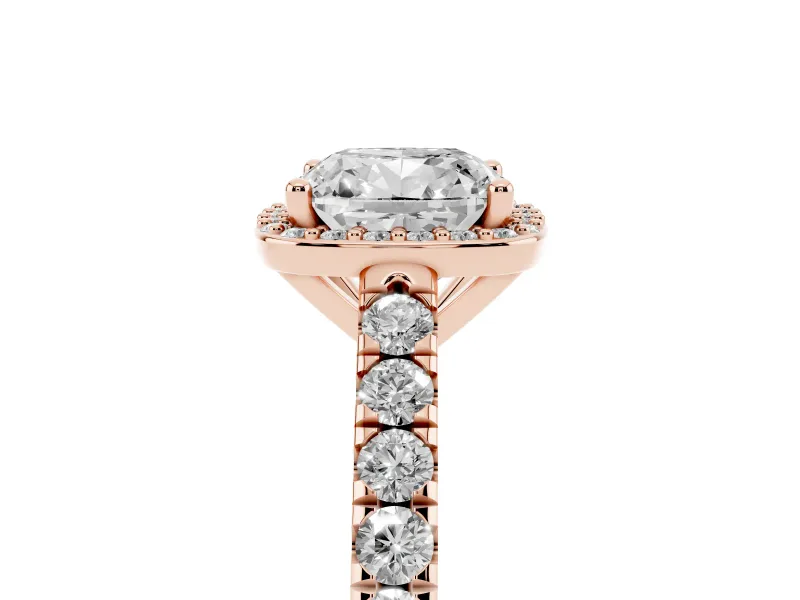Cushion Cut Halo Pavé Engagement Ring Setting | Single Row Shoulders | Rose Gold
