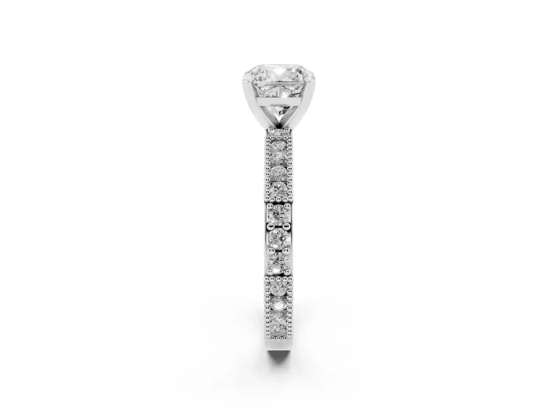 Cushion Cut Vintage Pavé Solitaire Engagement Ring Setting | Milgrain Edges | White Gold