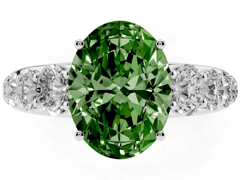 Oval Graduated Side Stone Engagement Ring Setting for a Fancy Green Lab-Grown Diamond | Flat Top Band | Platinum