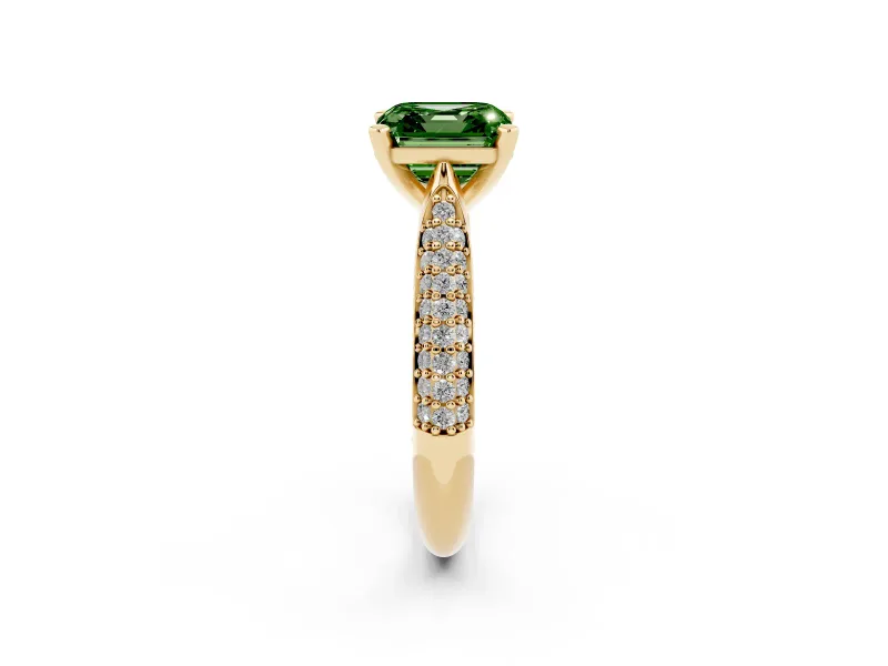 Fancy Green Asscher Cut Diamond Solitaire Engagement Ring Set in Yellow gold with Multi-Row Round Pavé Band and Prong Setting