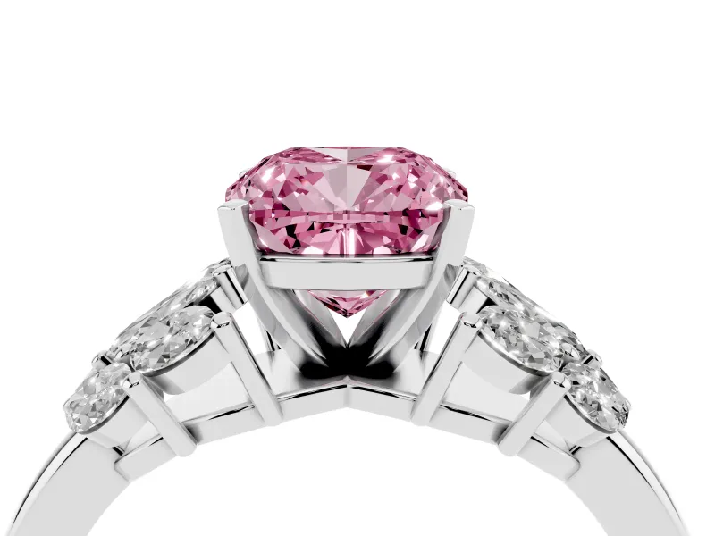 Fancy Pink Cushion Cut Diamond Cluster Leaf Design Ring Set in White gold with Prong Setting